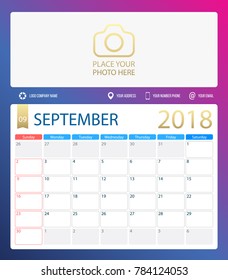 SEPTEMBER 2018, illustration vector calendar or desk planner, weeks start on Sunday, size of paper for printing A4. Blue is purple color.
