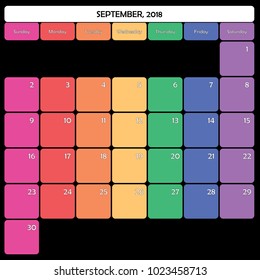 September 2018 Planner Calendar big editable space color day