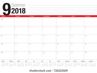 September 2018 planner calendar vector illustration, simple and clean design.