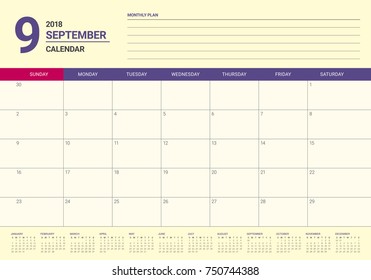 September 2018 planner calendar vector illustration, simple and clean design.