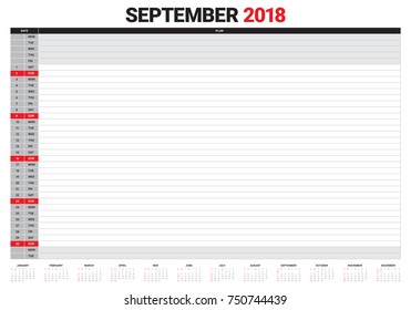 September 2018 planner calendar vector illustration, simple and clean design.