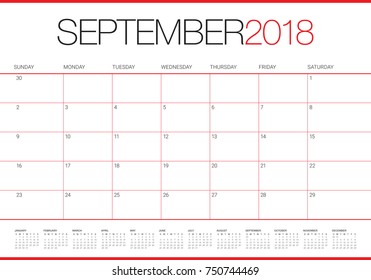 September 2018 planner calendar vector illustration, simple and clean design.