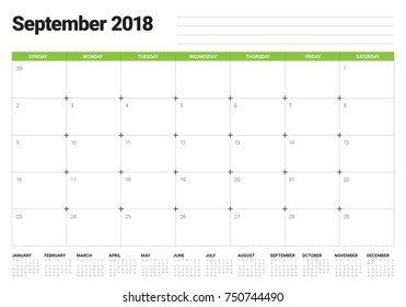 September 2018 planner calendar vector illustration, simple and clean design.