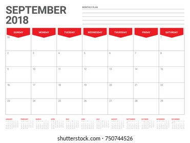 September 2018 planner calendar vector illustration, simple and clean design.