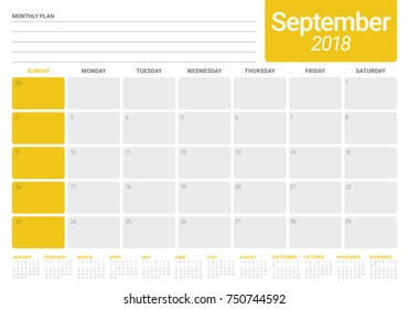 September 2018 planner calendar vector illustration, simple and clean design.
