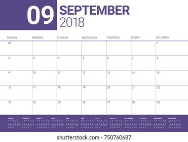 September 2018 planner calendar vector illustration, simple and clean design.