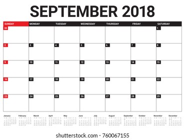 September 2018 planner calendar vector illustration, simple and clean design.