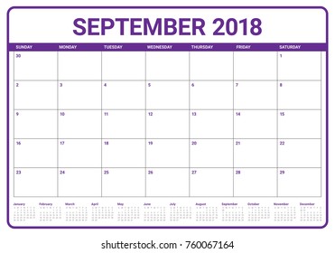 September 2018 planner calendar vector illustration, simple and clean design.