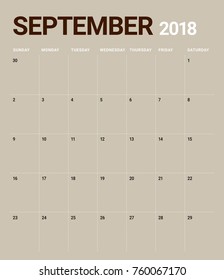 September 2018 planner calendar vector illustration, simple and clean design.