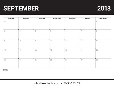 September 2018 planner calendar vector illustration, simple and clean design.
