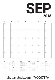 September 2018 planner calendar vector illustration, simple and clean design.