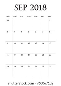 September 2018 planner calendar vector illustration, simple and clean design.
