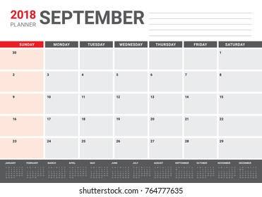 September 2018 planner calendar vector illustration, simple and clean design.