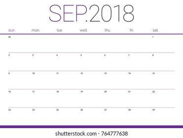 September 2018 planner calendar vector illustration, simple and clean design.