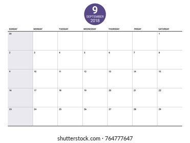 September 2018 planner calendar vector illustration, simple and clean design.