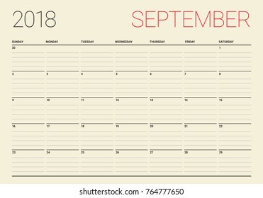September 2018 planner calendar vector illustration, simple and clean design.