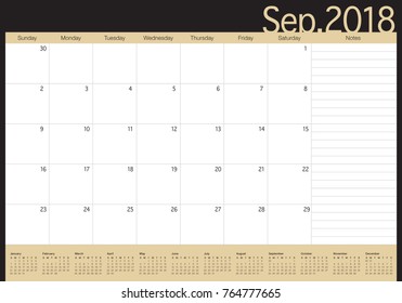 September 2018 planner calendar vector illustration, simple and clean design.