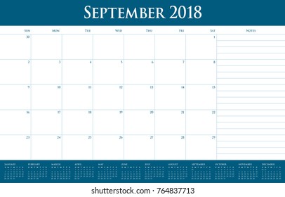 September 2018 planner calendar vector illustration, simple and clean design.
