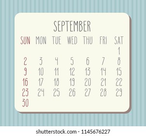 September 2018 vector hand drawn calendar. Beige plank over blue stripes background. Week starting from Sunday.