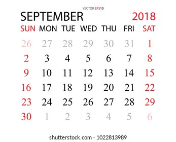 September 2018. Vector monthly calendar template 2018 year in simple style for template design. Week starts from Sunday.
