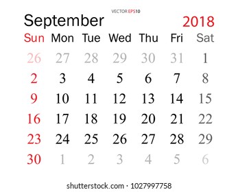 September 2018. Vector monthly calendar template 2018 year in simple style for template design. Week starts from Sunday.