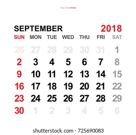 September 2018. Vector monthly calendar template 2018 year in simple style for template design. Week starts from Sunday.