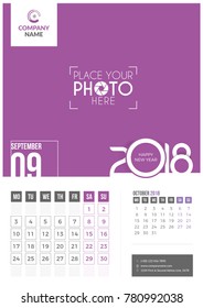 September 2018. Wall Calendar 2018. 2 Months on Page. Vector Design. Template with Place for Photo and Company Logo