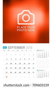 September 2018. Wall calendar planner template. Vector design print template with place for photo. Week starts on Sunday. 3 Months on page