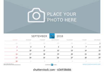 September 2018. Wall Monthly Calendar for 2018 Year. Vector Design Print Template with Place for Photo. Week Starts on Sunday. Landscape Orientation