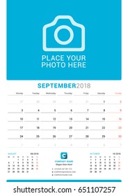 September 2018. Wall Monthly Calendar for 2018 Year. Vector Design Print Template with Place for Photo. Week Starts on Monday. 3 Months on Page