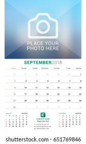 September 2018. Wall Monthly Calendar for 2018 Year. Vector Design Print Template with Place for Photo. Week Starts on Sunday. 3 Months on Page