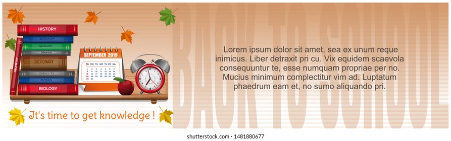 September 2019. Banners on a school theme. Back to school. Time to get knowledge. School concept design. Vector illustration