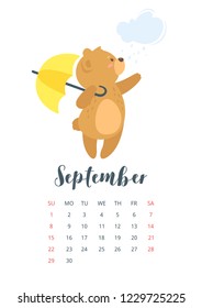September 2019 calendar page with cute teddy bear cartoon with yellow umbrella in rainy weather. Vector cartoon style illustration. Template for print. Vertical layout.