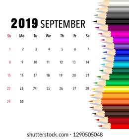 Página del calendario de septiembre de 2019. Ilustración vectorial.