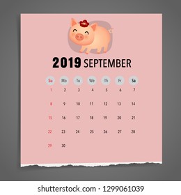 September 2019 calendar page. Vector illustration.