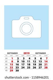 September 2019 calendar planner A3 size with place for your photo.
