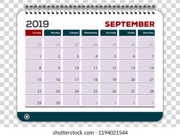 September 2019. Calendar planner design template. Week starts on Sunday. 