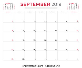 September 2019. Calendar planner stationery design template. Vector illustration. Week starts on Sunday