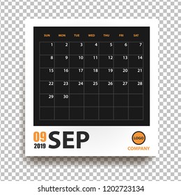 September 2019 calendar in realistic photo frame with shadow isolated on transparent background. Event planner. All size. Vector illustration
