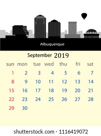 september 2019 calendar of united states with city skyline of Albuquerque