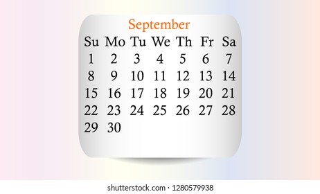 September 2019. Calendar 2019 vector design. Date on the curved stickers on the pastel background