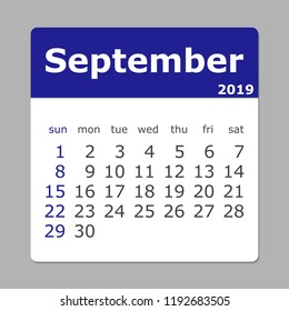 September 2019 calendar. Week starts sunday.  Layers grouped for easy editing illustration. For your design.