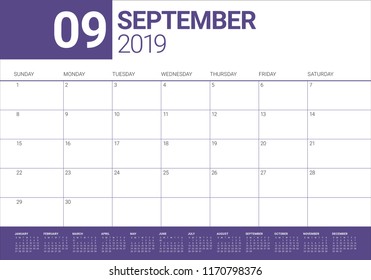 September 2019 desk calendar vector illustration, simple and clean design.