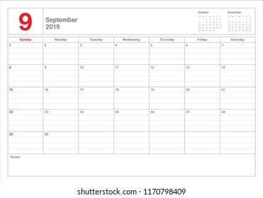 September 2019 desk calendar vector illustration, simple and clean design.