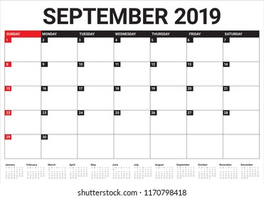 September 2019 desk calendar vector illustration, simple and clean design.