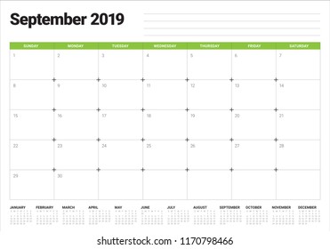 September 2019 desk calendar vector illustration, simple and clean design.