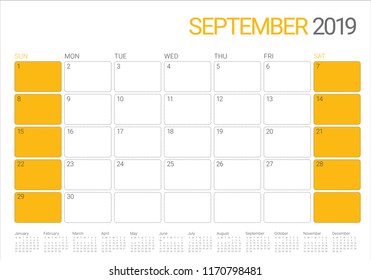 September 2019 desk calendar vector illustration, simple and clean design.