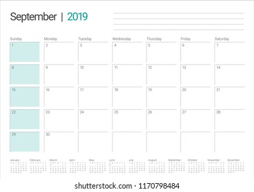 September 2019 desk calendar vector illustration, simple and clean design.