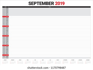 September 2019 desk calendar vector illustration, simple and clean design.