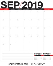 September 2019 desk calendar vector illustration, simple and clean design.